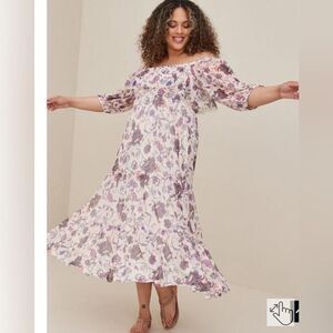 Torrid women’s 6x off shoulder puff sleeve tiered maxi dress floral mesh boho
